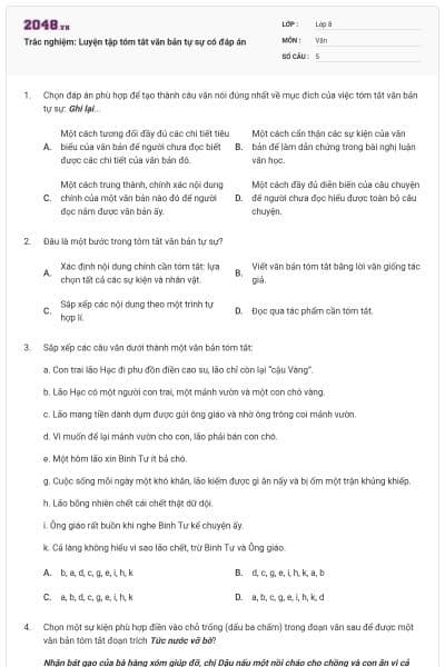 Trắc nghiệm: Luyện tập tóm tắt văn bản tự sự có đáp án