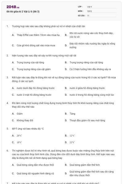 Đề thi giữa kì 2 Vật Lí 6 (Đề 3)