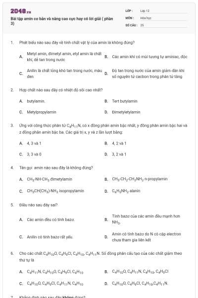 Bài tập amin cơ bản và nâng cao cực hay có lời giải ( phần 3)