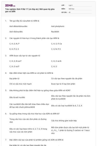 Trắc nghiệm Sinh 9 Bài 17 (có đáp án): Mối quan hệ giữa gen và ARN