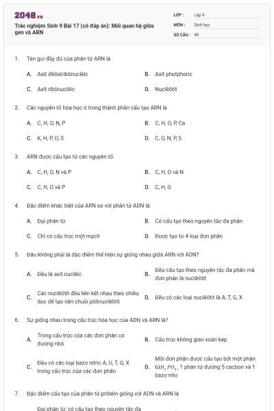 Trắc nghiệm Sinh 9 Bài 17 (có đáp án): Mối quan hệ giữa gen và ARN