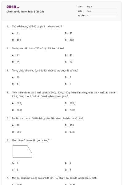 Đề thi học kì I môn Toán 3 (đề 24)