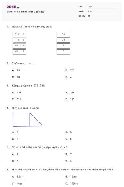 Đề thi học kì I môn Toán 3 (đề 26)