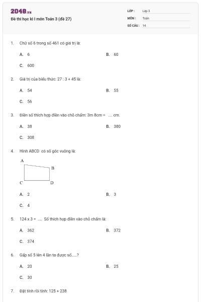 Đề thi học kì I môn Toán 3 (đề 27)