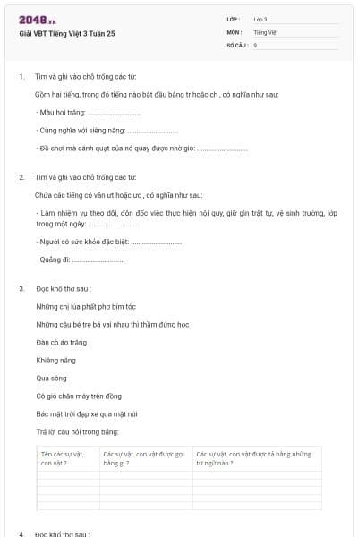 Giải VBT Tiếng Việt 3 Tuần 25