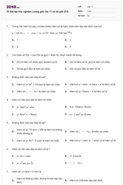 93 Bài tập trắc nghiệm Lượng giác lớp 11 có lời giải (P3)