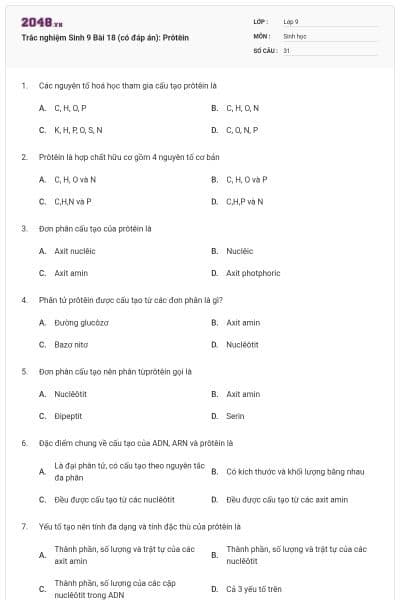 Trắc nghiệm Sinh 9 Bài 18 (có đáp án): Prôtêin