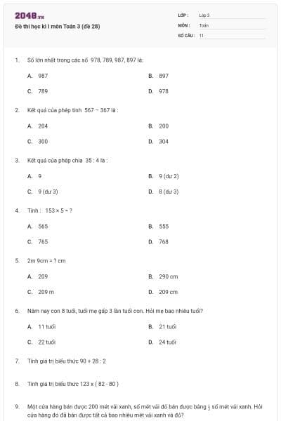 Đề thi học kì I môn Toán 3 (đề 28)