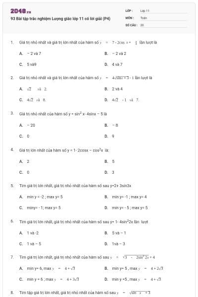93 Bài tập trắc nghiệm Lượng giác lớp 11 có lời giải (P4)