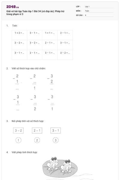 Giải vở bài tập Toán lớp 1 Bài 34 (có đáp án): Phép trừ trong phạm vi 3