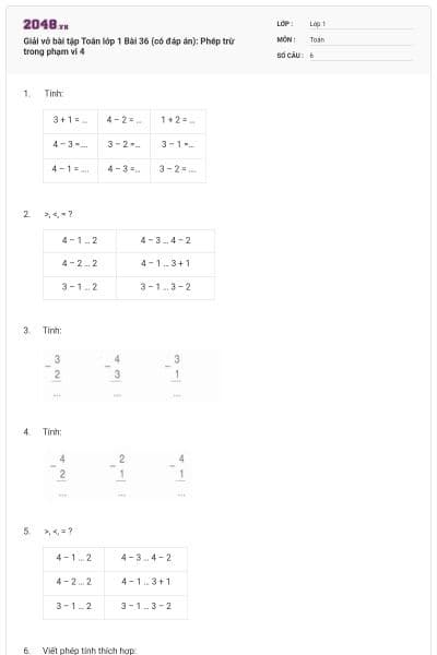 Giải vở bài tập Toán lớp 1 Bài 36 (có đáp án): Phép trừ trong phạm vi 4