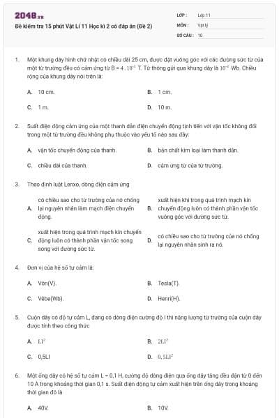 Đề kiểm tra 15 phút Vật Lí 11 Học kì 2 có đáp án (Đề 2)