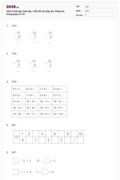 Giải vở bài tập Toán lớp 1 Bài 58 (có đáp án): Phép trừ trong phạm vi 10