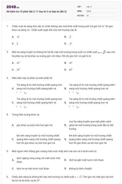 Đề kiểm tra 15 phút Vật Lí 11 Học kì 2 có đáp án (Đề 3)