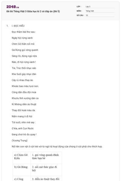 Đề thi Tiếng Việt 3 Giữa học kì 2 có đáp án (Đề 5)