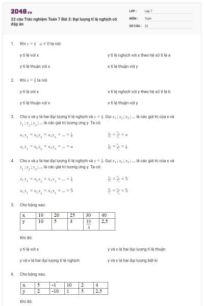 22 câu Trắc nghiệm Toán 7 Bài 3: Đại lượng tỉ lệ nghịch có đáp án