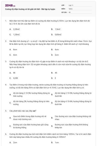 Cường độ điện trường có lời giải chi tiết - Bài tập tự luyện