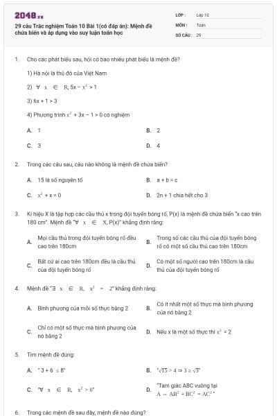 29 câu Trắc nghiệm Toán 10 Bài 1(có đáp án): Mệnh đề chứa biến và áp dụng vào suy luận toán học