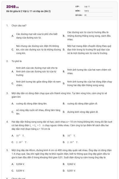 Đề thi giữa kì 2 Vật Lí 11 có đáp án (Đề 2)