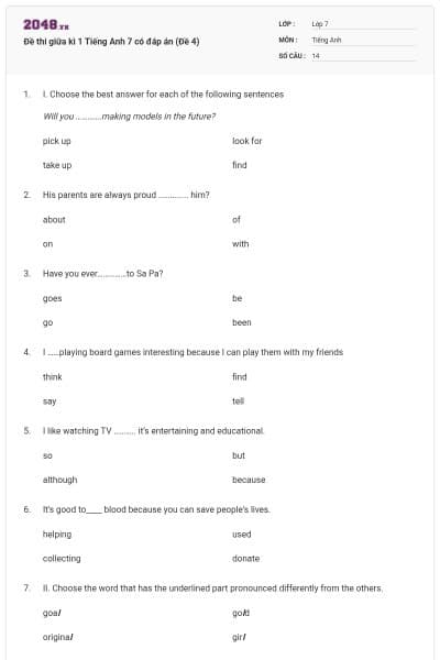 Đề thi giữa kì 1 Tiếng Anh 7 có đáp án (Đề 4)