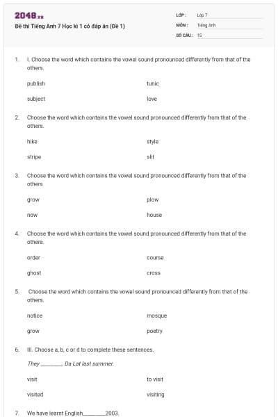 Đề thi Tiếng Anh 7 Học kì 1 có đáp án (Đề 1)