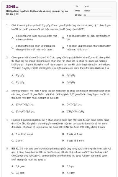 Bài tập tổng hợp Este, Lipit cơ bản và nâng cao cực hay có lời giải (P2)