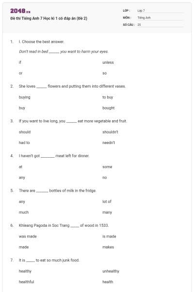 Đề thi Tiếng Anh 7 Học kì 1 có đáp án (Đề 2)