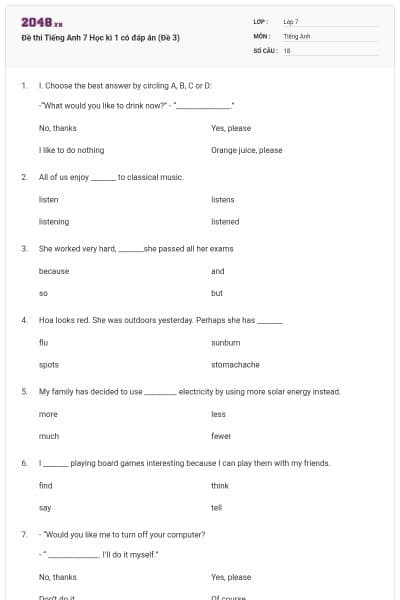 Đề thi Tiếng Anh 7 Học kì 1 có đáp án (Đề 3)