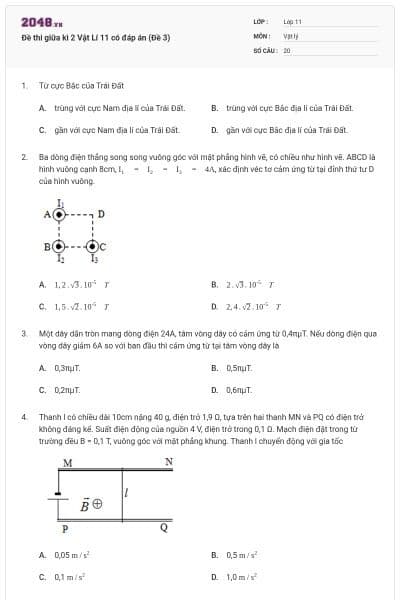Đề thi giữa kì 2 Vật Lí 11 có đáp án (Đề 3)
