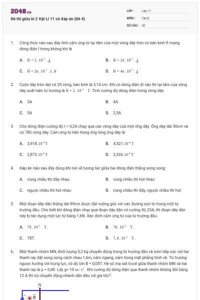 Đề thi giữa kì 2 Vật Lí 11 có đáp án (Đề 4)