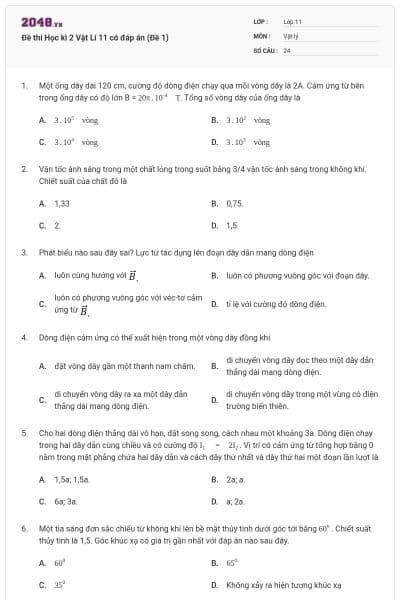Đề thi Học kì 2 Vật Lí 11 có đáp án (Đề 1)