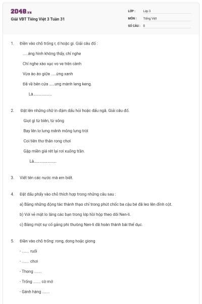 Giải VBT Tiếng Việt 3 Tuần 31