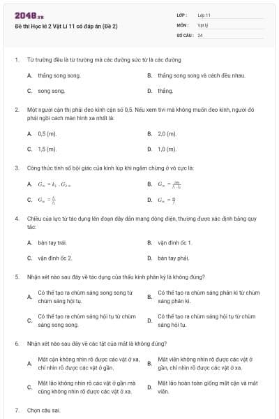 Đề thi Học kì 2 Vật Lí 11 có đáp án (Đề 2)