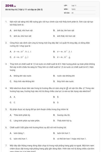 Đề thi Học kì 2 Vật Lí 11 có đáp án (Đề 3)