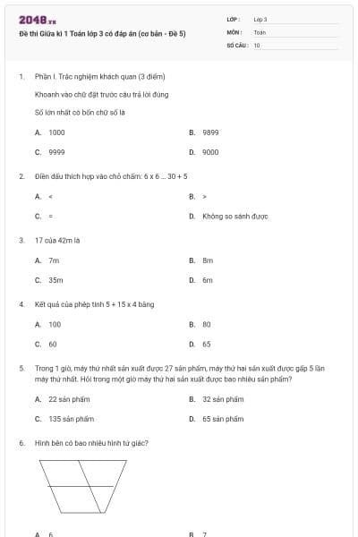 Đề thi Giữa kì 1 Toán lớp 3 có đáp án (cơ bản - Đề 5)