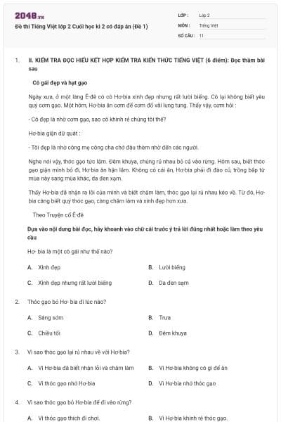 Đề thi Tiếng Việt lớp 2 Cuối học kì 2 có đáp án (Đề 1)