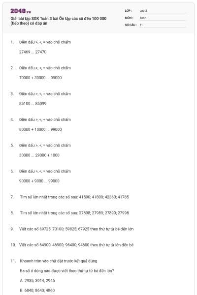 Giải bài tập SGK Toán 3 bài Ôn tập các số đến 100 000 (tiếp theo) có đáp án