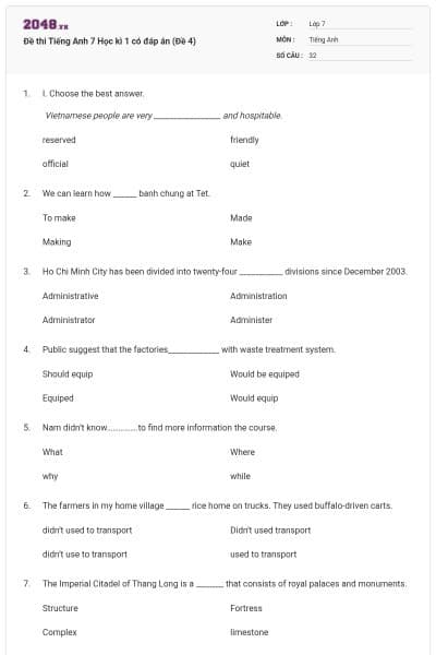 Đề thi Tiếng Anh 7 Học kì 1 có đáp án (Đề 4)