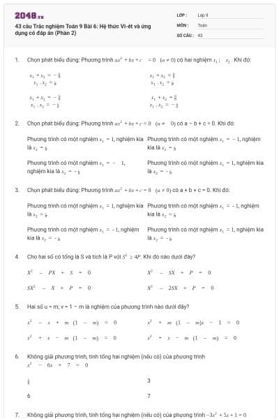 43 câu Trắc nghiệm Toán 9 Bài 6: Hệ thức Vi-ét và ứng dụng có đáp án (Phần 2)