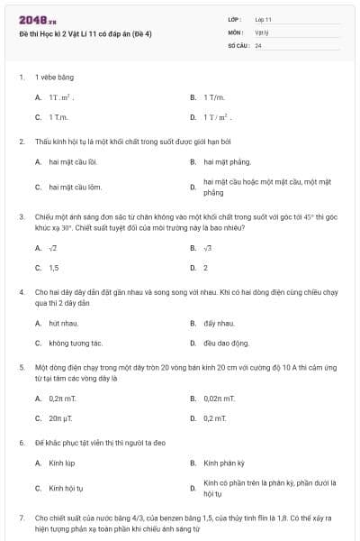 Đề thi Học kì 2 Vật Lí 11 có đáp án (Đề 4)