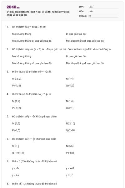 24 câu Trắc nghiệm Toán 7 Bài 7: Đồ thị hàm số: y=ax (a khác 0) có đáp án