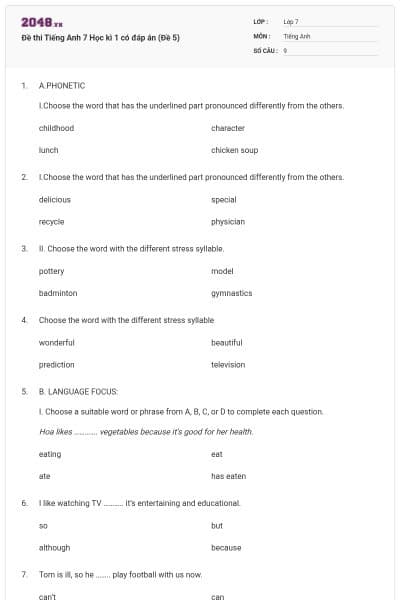 Đề thi Tiếng Anh 7 Học kì 1 có đáp án (Đề 5)