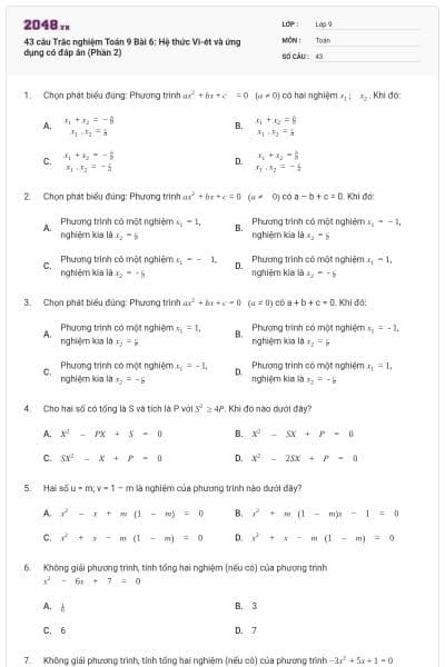 43 câu Trắc nghiệm Toán 9 Bài 6: Hệ thức Vi-ét và ứng dụng có đáp án (Phần 2)