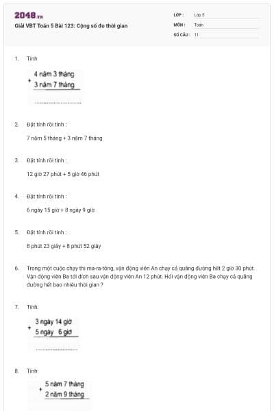 Giải VBT Toán 5 Bài 123: Cộng số đo thời gian