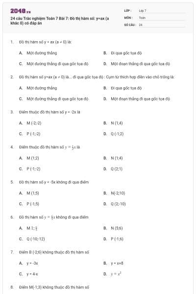 24 câu Trắc nghiệm Toán 7 Bài 7: Đồ thị hàm số: y=ax (a khác 0) có đáp án
