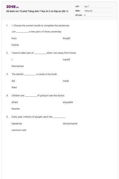 Đề kiểm tra 15 phút Tiếng Anh 7 Học kì 2 có đáp án (Đề 1)