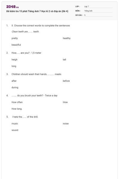 Đề kiểm tra 15 phút Tiếng Anh 7 Học kì 2 có đáp án (Đề 4)