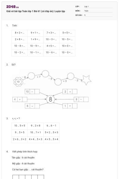Giải vở bài tập Toán lớp 1 Bài 61 (có đáp án): Luyện tập