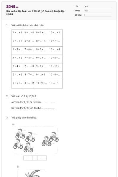 Giải vở bài tập Toán lớp 1 Bài 63 (có đáp án): Luyện tập chung