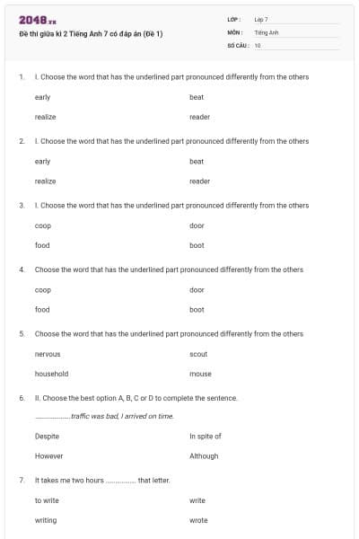 Đề thi giữa kì 2 Tiếng Anh 7 có đáp án (Đề 1)